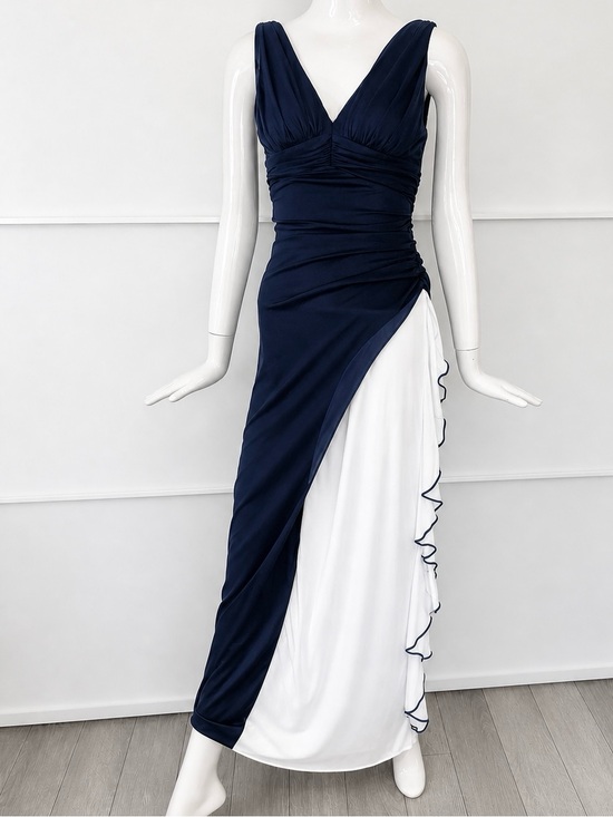 Laura Dresses & Skirts - LAURA Navy Blue White Elegant Cruise Boat Maxi Dress Side Ruffle Evening Sz 4